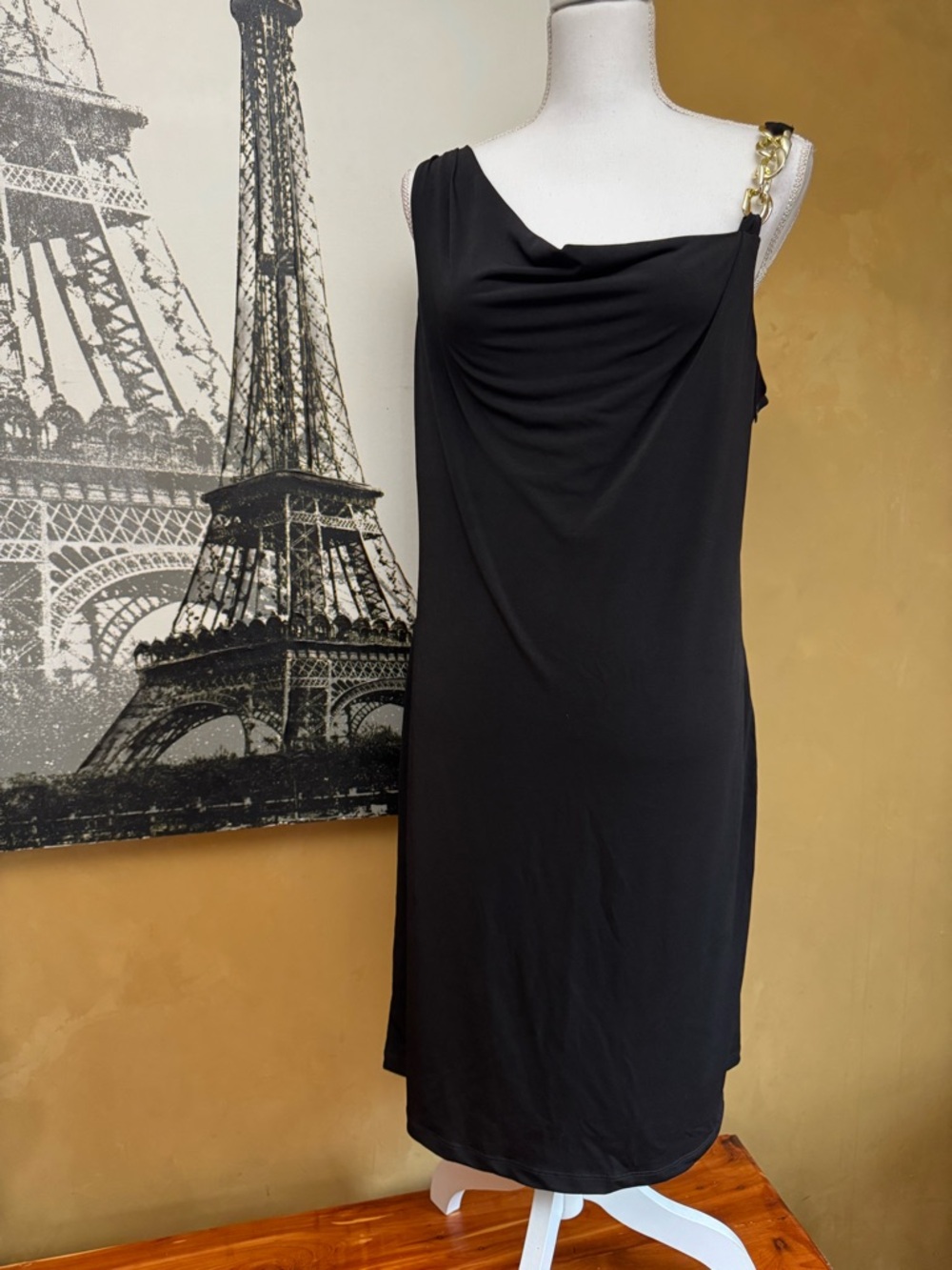 Emma & Michele Black One-Shoulder Dress with Gold Chain Strap NWT